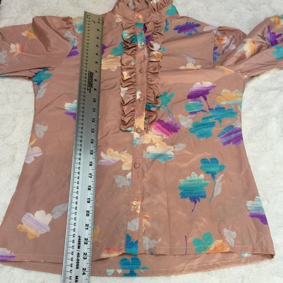 Vintage Helen Fabrikant Top Womens Button Front Floral Ruffle Shirt Size 8 Peach - Picture 7 of 10